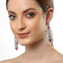 Red & White Rhodium-Plated with Silver-Tone American Diamond Studded Chandelier Earrings