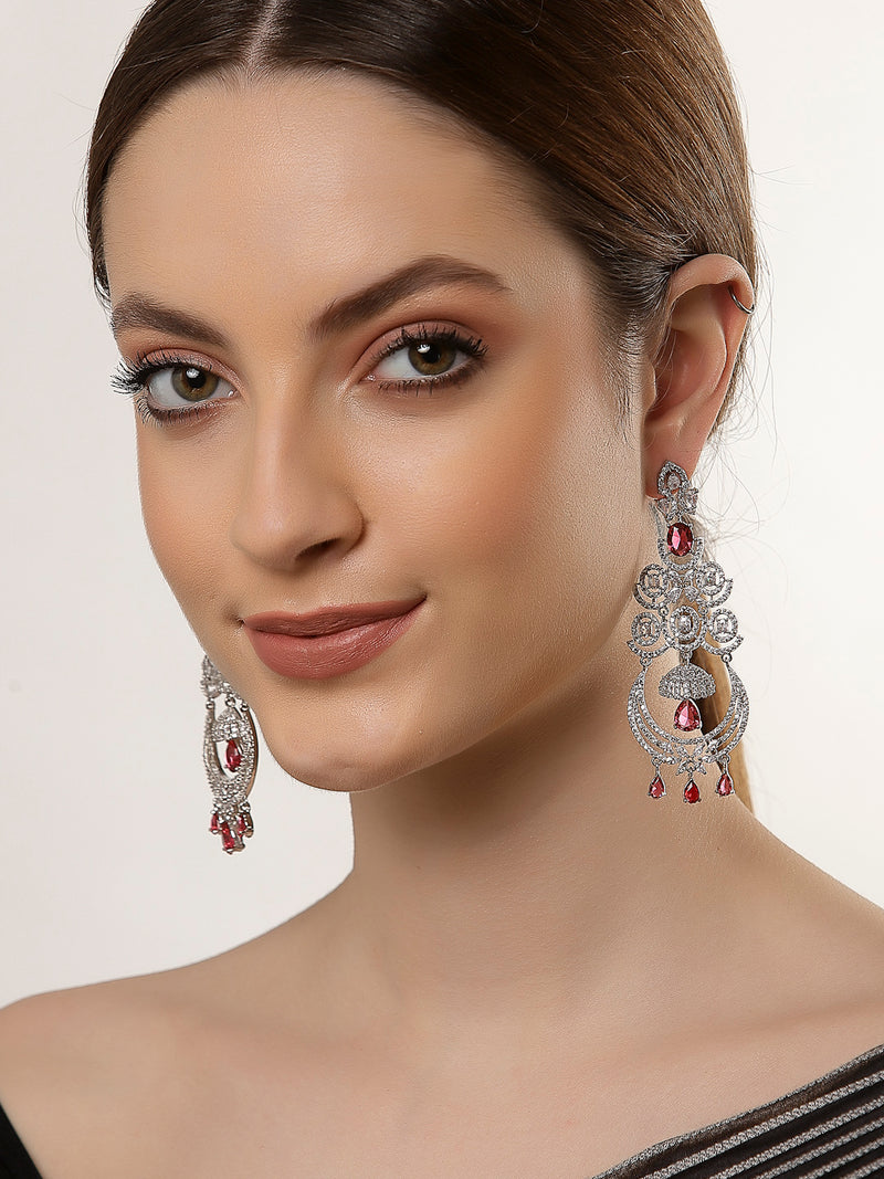 Red & White Rhodium-Plated with Silver-Tone American Diamond Studded Chandelier Earrings