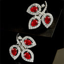 Rhodium-Plated with Silver-Toned Red American Diamond Leaf Shaped Studs Earrings