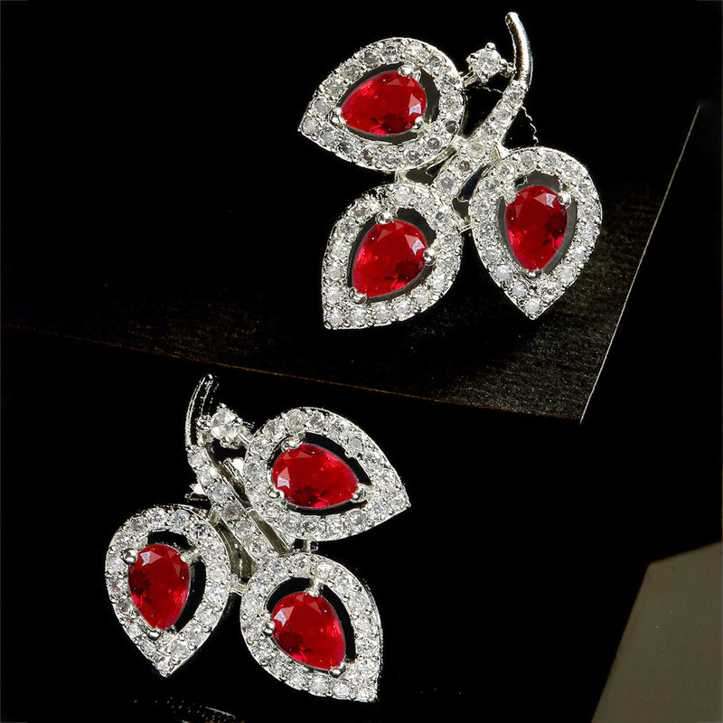 Rhodium-Plated with Silver-Toned Red American Diamond Leaf Shaped Studs Earrings