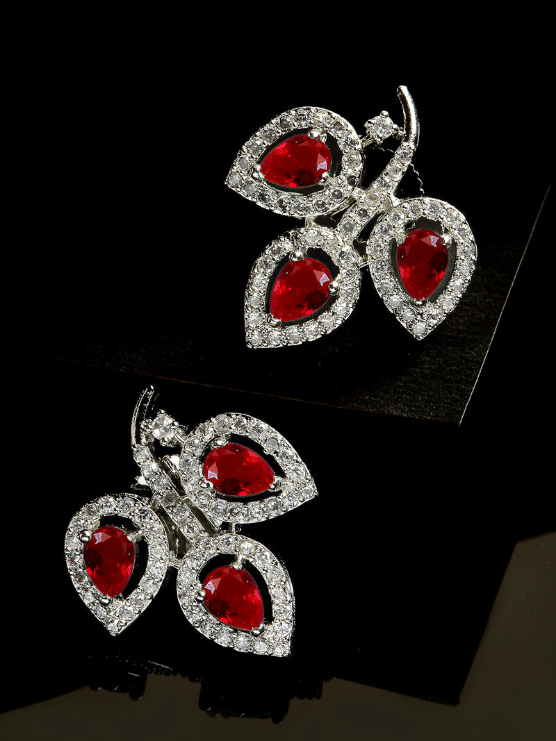 Rhodium-Plated with Silver-Toned Red American Diamond Leaf Shaped Studs Earrings