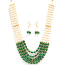 Gold-Plated Green & White Pearl Beaded 5 Layered Necklace with Drop Earrings Jewelry Set