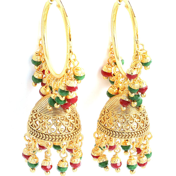 Red & Green with Gold-Plated Dome Shaped Jhumkas Earrings