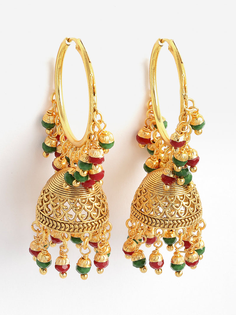 Red & Green with Gold-Plated Dome Shaped Jhumkas Earrings