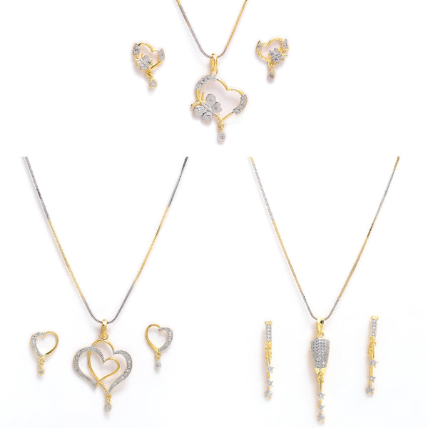 Gold-Plated Heart & Star White Cubic Zirconia Stone Studded Pendant Set With Chain & Earrings Combo