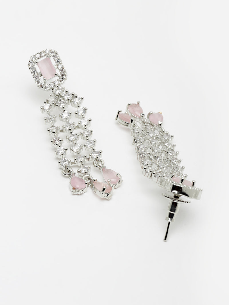 Rhodium-Plated with Silver-Tone Pink & White American Diamond Studded Jewellery Set