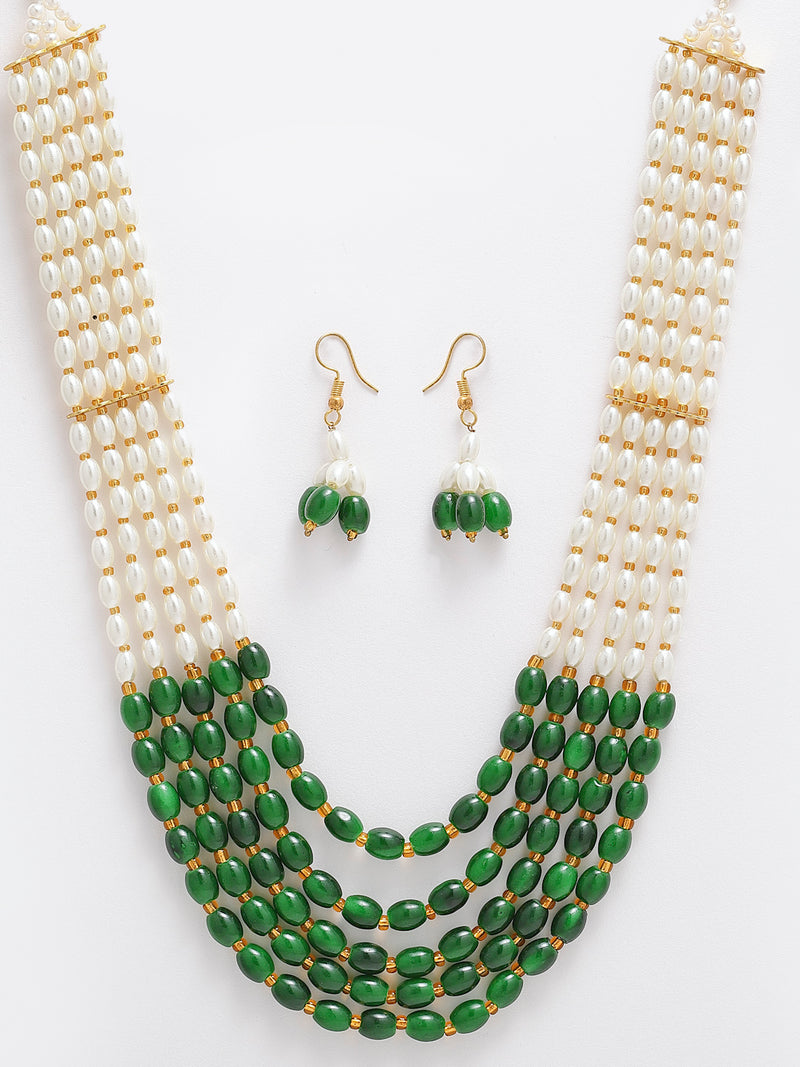 Gold-Plated Green & White Pearl Beaded 5 Layered Necklace with Drop Earrings Jewelry Set