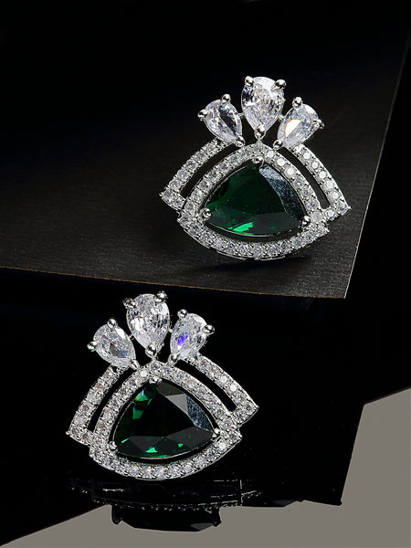Green American Diamond Triangular Shaped Rhodium-Plated with Silver-Tone Studs Earrings