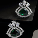 Green American Diamond Triangular Shaped Rhodium-Plated with Silver-Tone Studs Earrings