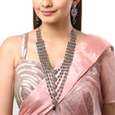 Rhodium-Plated with Silver-Tone Green & Red Kundan-Studded Layered Jewellery Set
