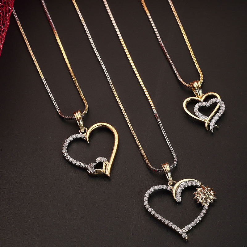 Gold-Plated Heart Shaped White Cubic Zirconia Stone Studded Pendant Combo