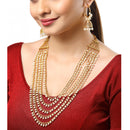Gold-Plated White Pearl Drop 5 Layered Necklace with Hoop Jhumka Earrings