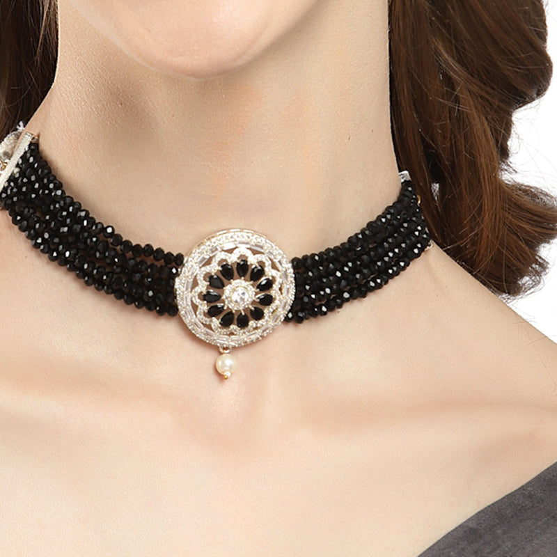 Rhodium-Plated with Oxidized Silver-Tone Black & White Stones-Studded & Pearl-Beaded Jewellery Set