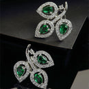 Rhodium-Plated with Silver-Toned Green American Diamond Leaf Shaped Studs Earrings