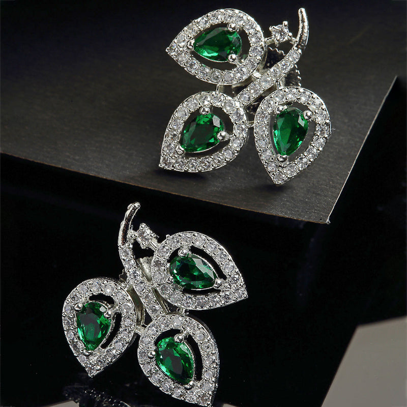 Rhodium-Plated with Silver-Toned Green American Diamond Leaf Shaped Studs Earrings