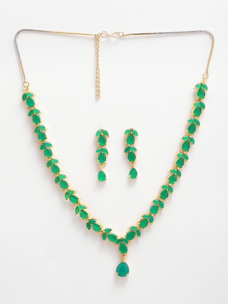 Gold-Plated Leaf Design Green American Diamond-Studded Jewellery Set