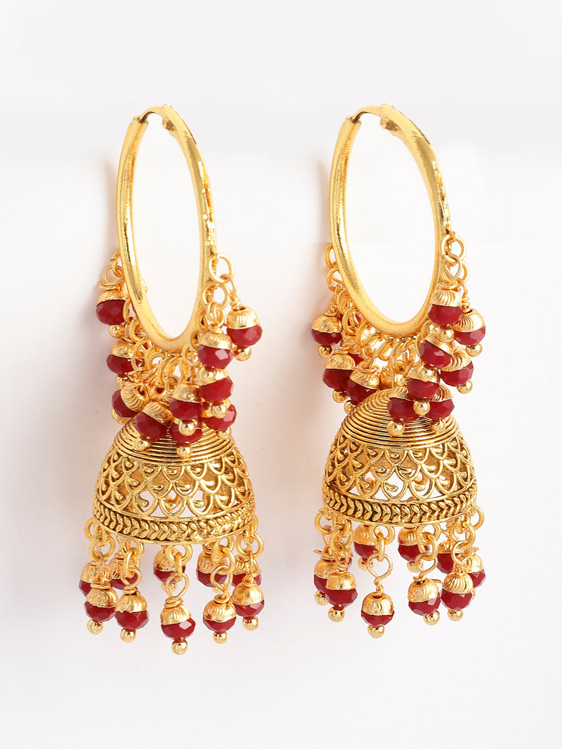 Red & Gold-Toned Copper Cubic Zirconia Dome Shaped Jhumkas Earrings