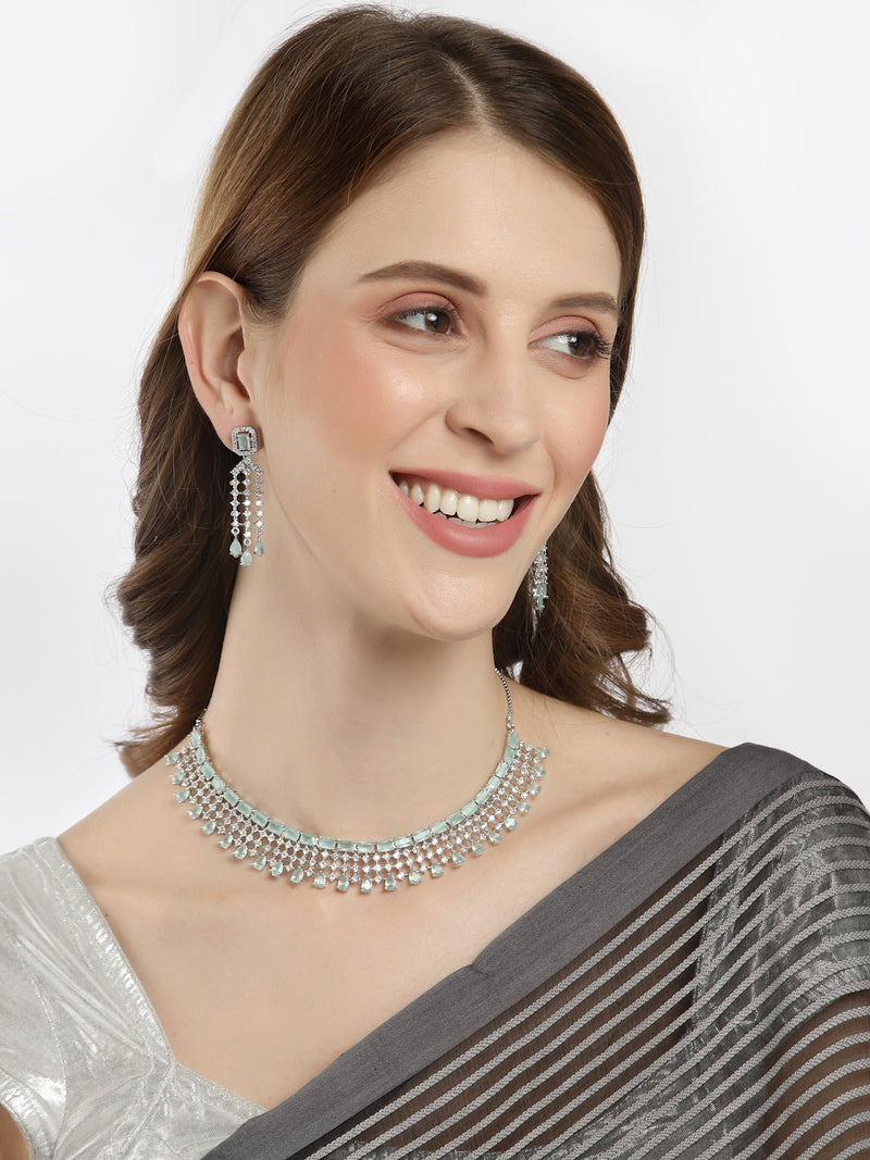 Rhodium-Plated with Silver-Tone Sea Green American Diamonds-Studded Handcrafted Jewellery Set