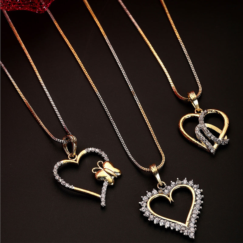 Gold-Plated Heart Shaped White Cubic Zirconia Stone Studded Pendant Combo