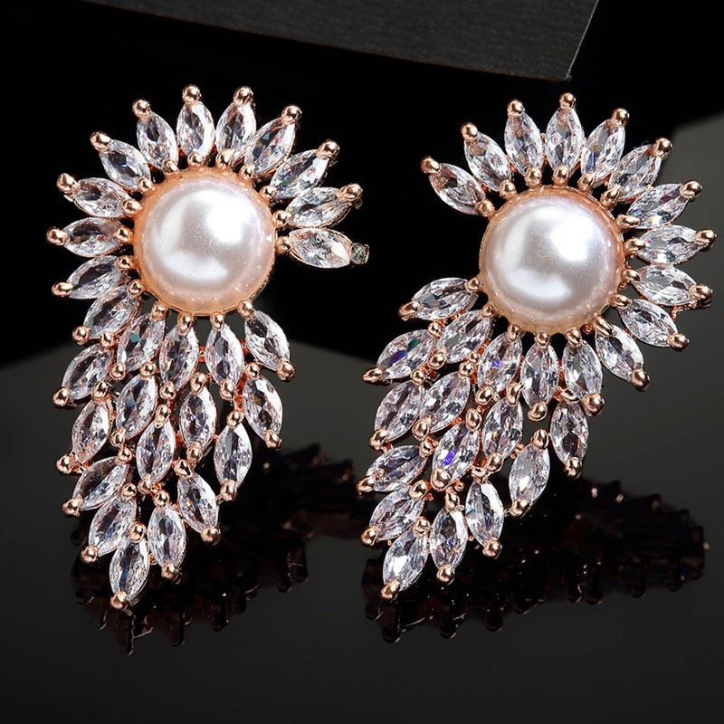 Off White American Diamond Rose Gold-Plated Contemporary Stud Earrings