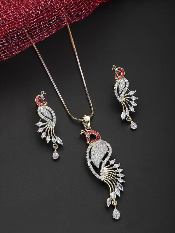 18K Gold Plated Cubic Zirconia Peacock Shaped Pendant Earring Set