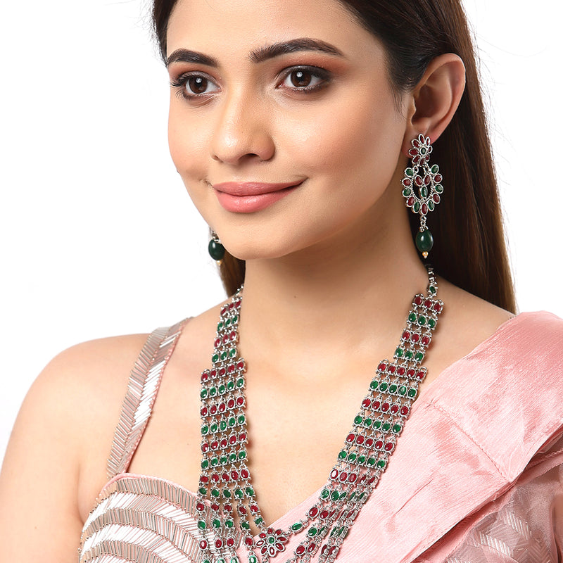 Rhodium-Plated with Silver-Tone Green & Red Kundan-Studded Layered Jewellery Set