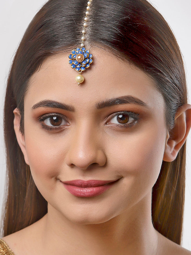 Gold Plated with Blue Stones & Pearl Drop Traditional Maang Tikka Set Of 5