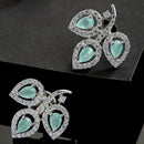 Rhodium-Plated with Silver-Toned Sea Green American Diamond Leaf Shaped Studs Earrings