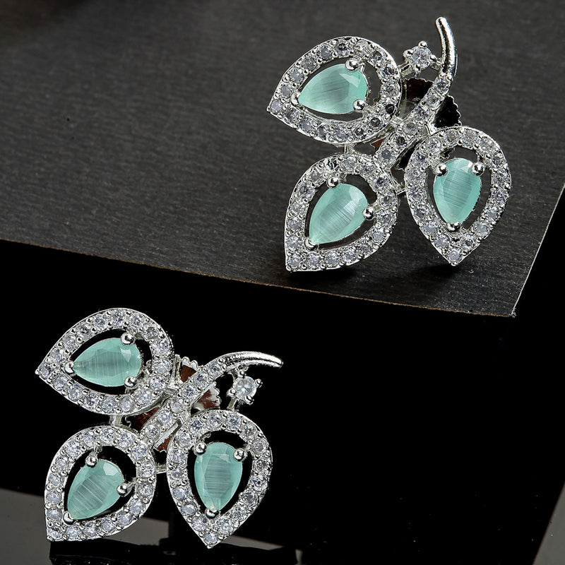 Rhodium-Plated with Silver-Toned Sea Green American Diamond Leaf Shaped Studs Earrings