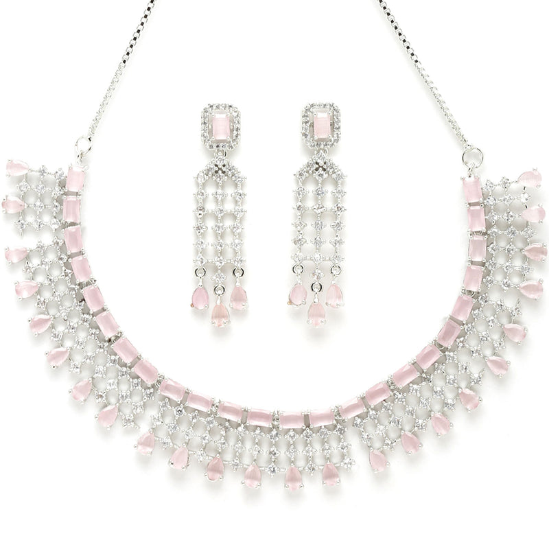 Rhodium-Plated with Silver-Tone Pink & White American Diamond Studded Jewellery Set