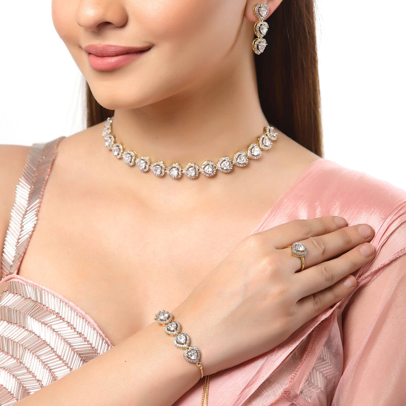 Heart Shaped Gold-Plated White American Diamond-Studded Jewellery Set Combo