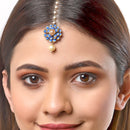 Gold-Plated Pearl Studded Blue Flower Maang Tikka