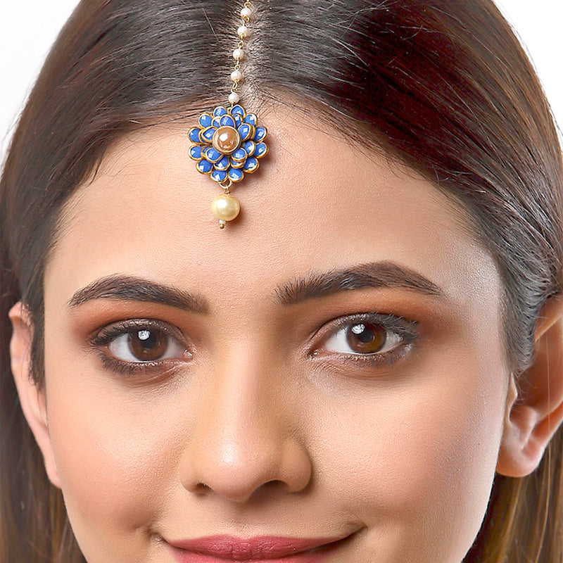 Gold-Plated Pearl Studded Blue Flower Maang Tikka