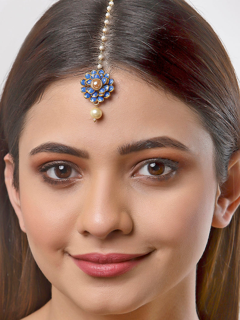 Gold Plated with Blue Stones & Pearl Drop Traditional Maang Tikka Set Of 5