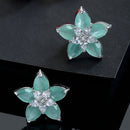 Rhodium-Plated with Silver-Toned Sea Green American Diamond Floral Studs Earrings