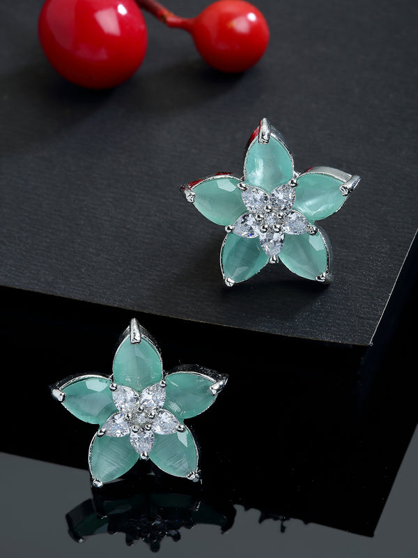Rhodium-Plated with Silver-Toned Sea Green American Diamond Floral Studs Earrings