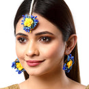 Gold-Plated Pearl Yellow & Blue Gota Patti Flower Maang Tikka Set