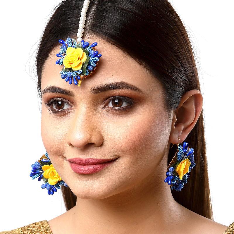 Gold-Plated Pearl Yellow & Blue Gota Patti Flower Maang Tikka Set