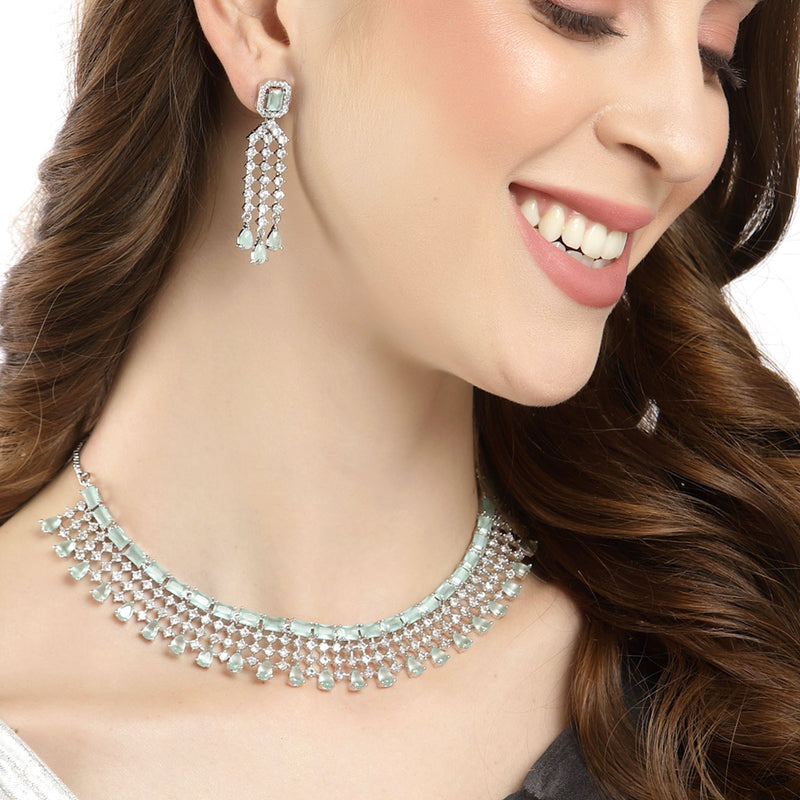 Rhodium-Plated with Silver-Tone Sea Green American Diamonds-Studded Handcrafted Jewellery Set