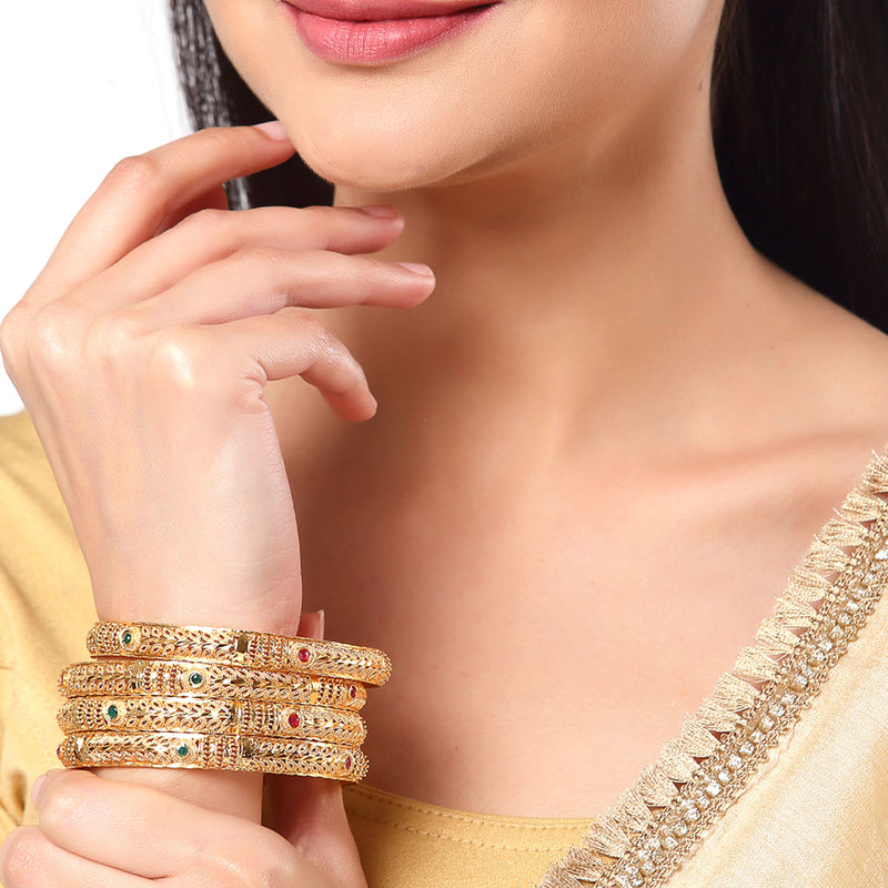 Gold-Plated & Red Stones-Studded Set Of 8 Meenakari  Bangles
