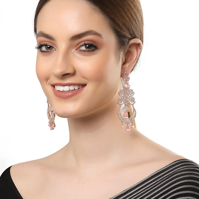 Pink American Diamond with Rose Gold-Plated Contemporary Chandbalis Earrings