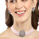 Rhodium-Plated with Silver-Tone Pink Stone Studded Oxidized Choker Jewellery Set