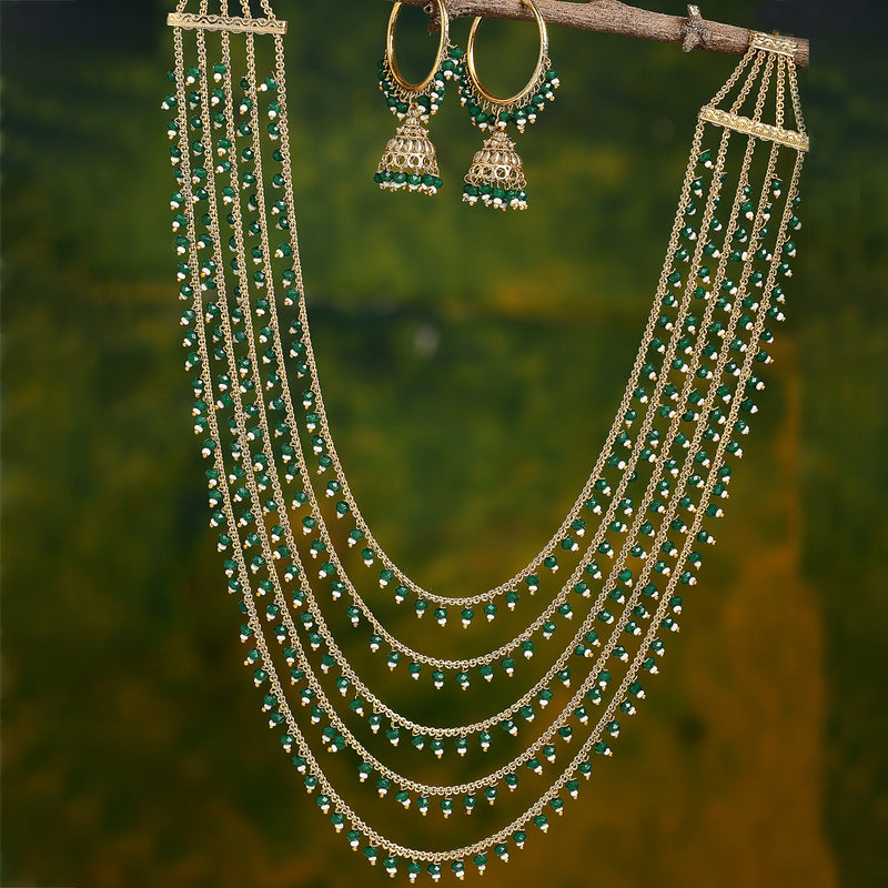 Five Layered Gold-Plated Green Pearl Beaded Jewellery Set