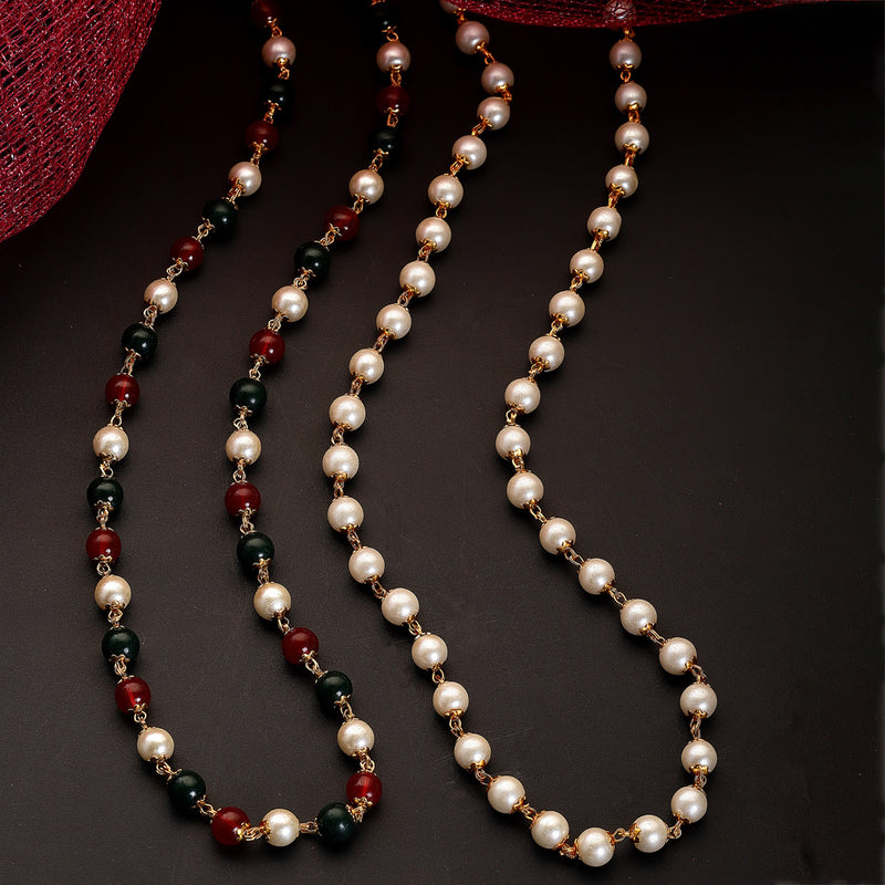 Pack Of 2 Red & White Pearls Gold-Plated Chain Combo