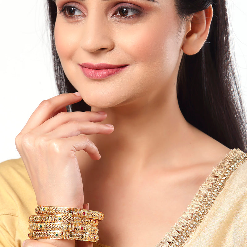 Gold-Plated & Red Stones-Studded Set Of 8 Meenakari  Bangles