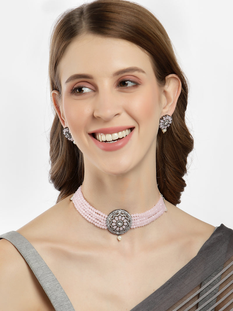 Rhodium-Plated with Silver-Tone Pink Stone Studded Oxidized Choker Jewellery Set