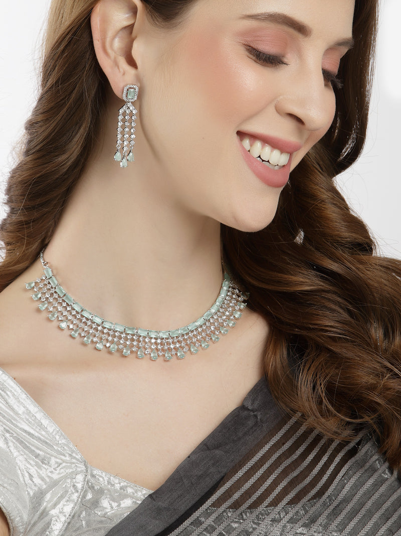 Rhodium-Plated with Silver-Tone Sea Green American Diamonds-Studded Handcrafted Jewellery Set