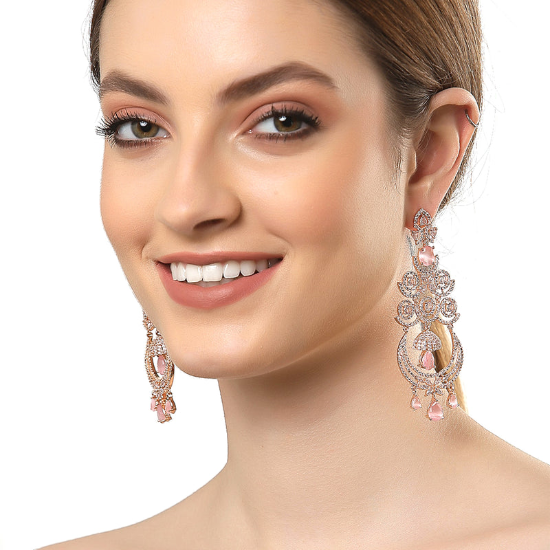 Pink American Diamond with Rose Gold-Plated Contemporary Chandbalis Earrings