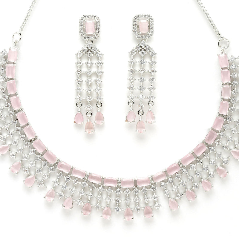 Rhodium-Plated with Silver-Tone Pink & White American Diamond Studded Jewellery Set