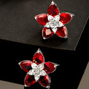 Rhodium-Plated with Silver-Toned Red American Diamond Floral Studs Earrings